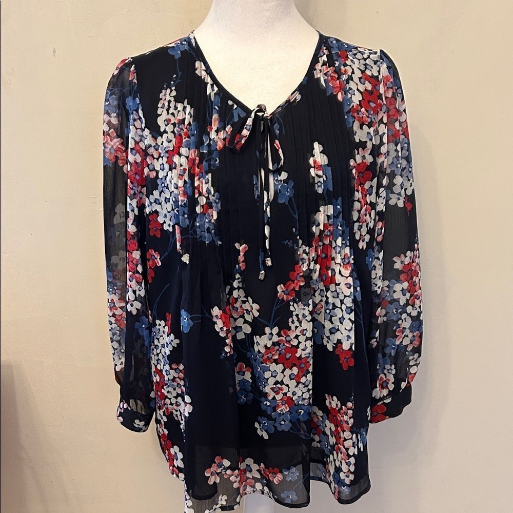 Tommy Hilfiger navy red white floral long sleeve blouse Size M EUC